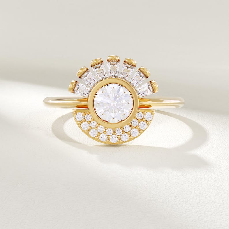 MADELYN MINIMALIST 14k Solid Gold Halo Bezel Sun Engagement Ring | Gift For Mom, Her