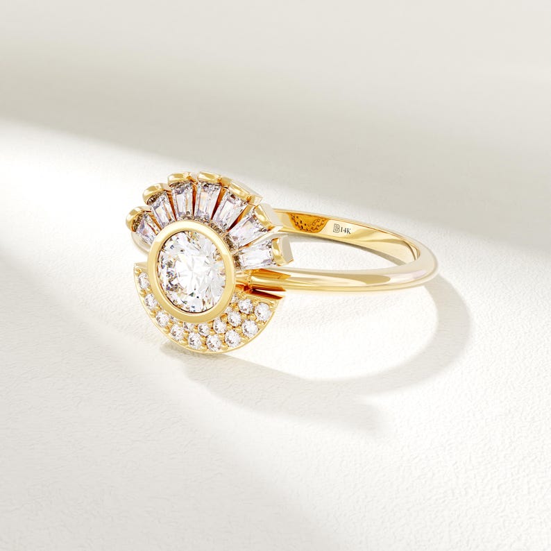 MADELYN MINIMALIST 14k Solid Gold Halo Bezel Sun Engagement Ring | Gift For Mom, Her