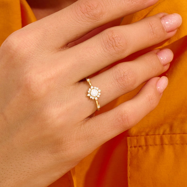 MADELYN MINIMALIST 14k Solid Gold Cluster Moissanite Engagement Ring | Gift For Anniversary