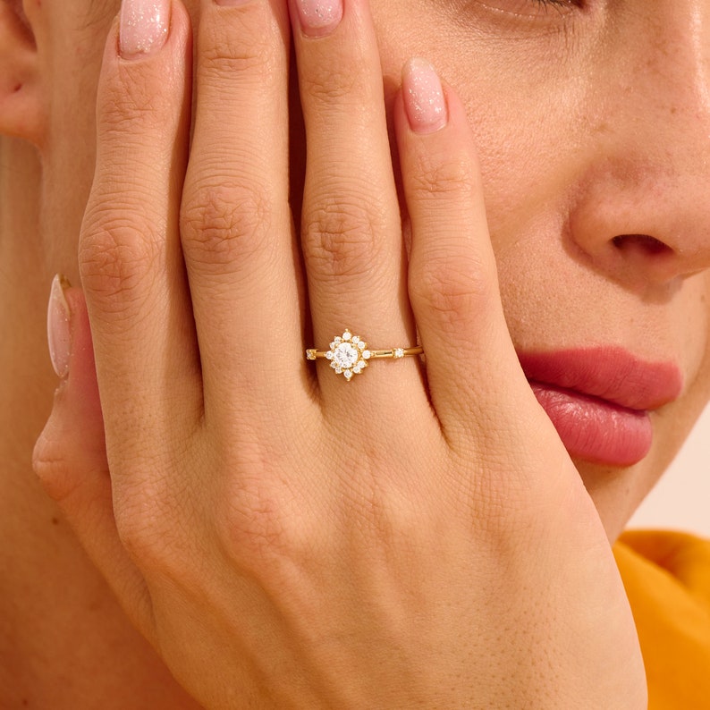 MADELYN MINIMALIST 14k Solid Gold Cluster Moissanite Engagement Ring | Gift For Anniversary