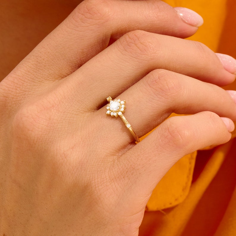 MADELYN MINIMALIST 14k Solid Gold Cluster Moissanite Engagement Ring | Gift For Anniversary
