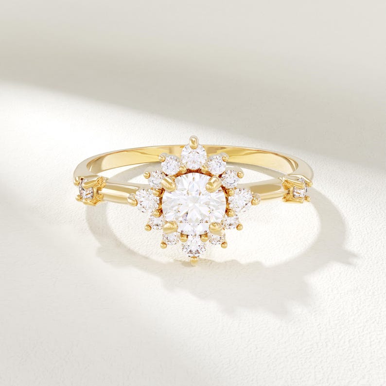 MADELYN MINIMALIST 14k Solid Gold Cluster Moissanite Engagement Ring | Gift For Anniversary