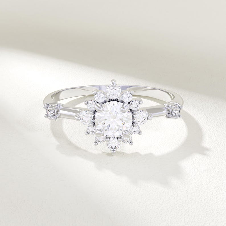 MADELYN MINIMALIST 14k Solid Gold Cluster Moissanite Engagement Ring | Gift For Anniversary