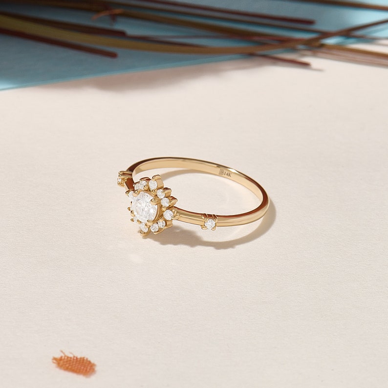 MADELYN MINIMALIST 14k Solid Gold Cluster Moissanite Engagement Ring | Gift For Anniversary