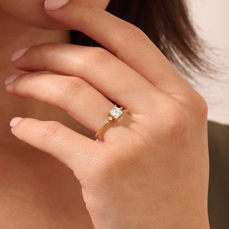 MADELYN MINIMALIST 14k Solid Gold Princess Cut Moissanite Engagement Ring for Women | Gift For Her