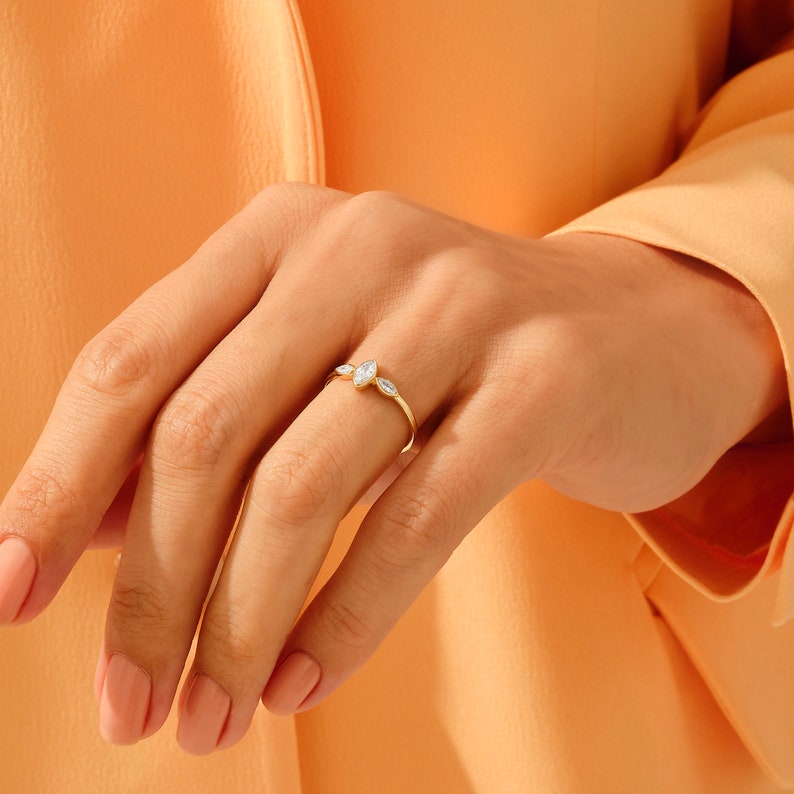 MADELYN MINIMALIST 14k Solid Gold Bezel Marquise Minimalist Proposal Ring for Women | Gift for Girlfriend, Wife