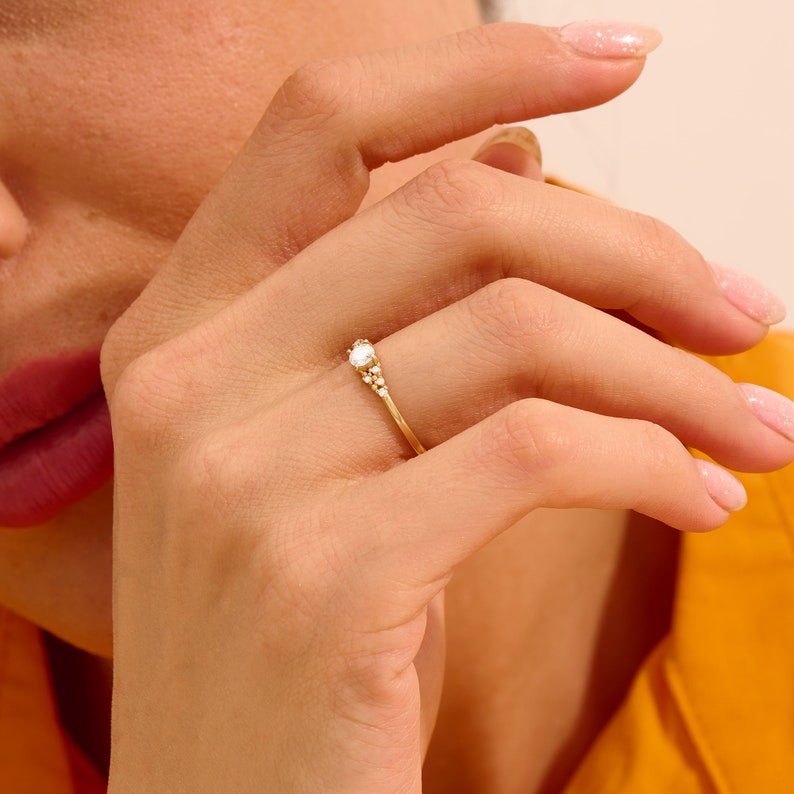 MADELYN MINIMALIST 14k Solid Gold Moissanite Cluster Engagement or Dainty Promise Ring for Her | Gift for Mom, Her