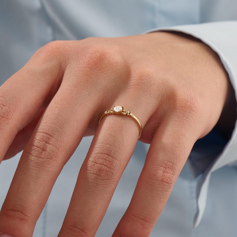 MADELYN MINIMALIST 14k Solid Gold Moissanite Cluster Engagement or Dainty Promise Ring for Her | Gift for Mom, Her