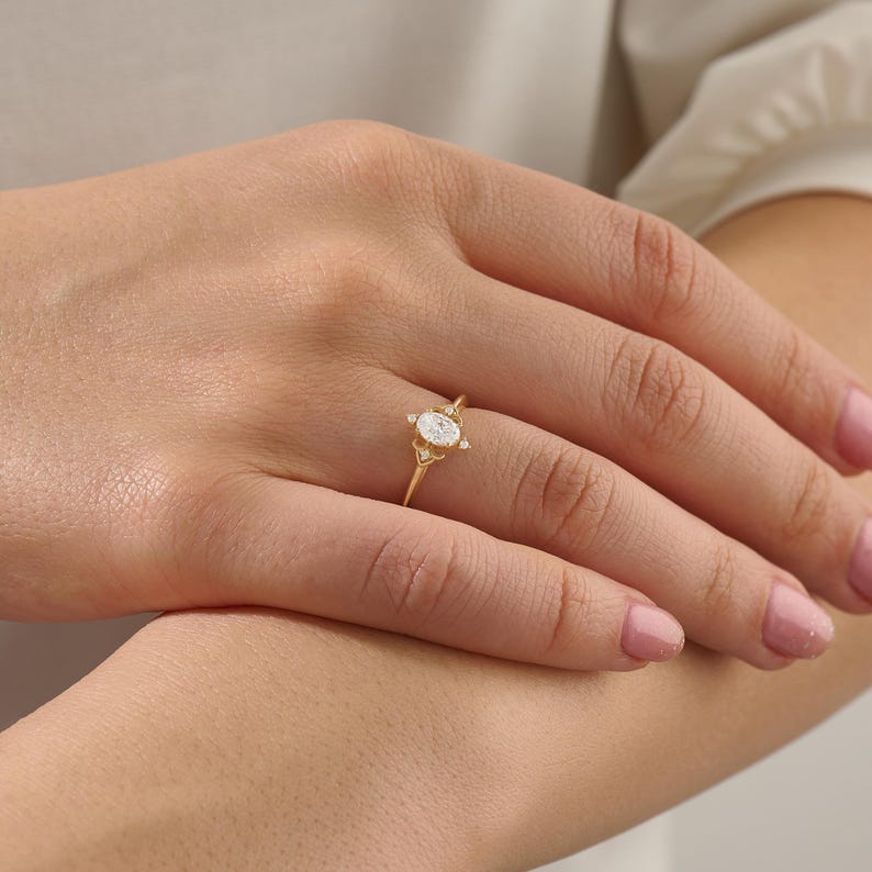 MADELYN MINIMALIST 14k Solid Gold Vintage Oval Art Deco Dainty Cz Solitaire Ring | Gift for Mom, Her