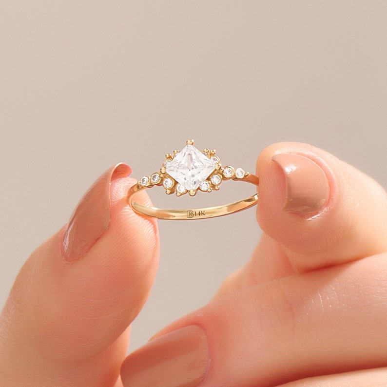 MADELYN MINIMALIST 14k Solid Gold Minimalist Princess Cut Solitaire Art Deco Ring for Wife | Gift for Wife, Her