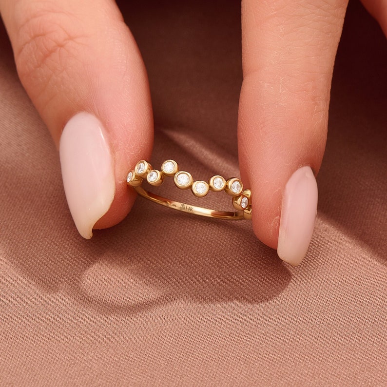 MADELYN MINIMALIST 14k Solid Gold Wavy Bezel CZ Dot Minimalist Zigzag Ring | Gift for Mom, Wife, Her