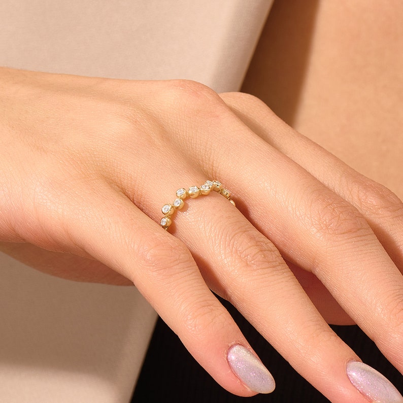 MADELYN MINIMALIST 14k Solid Gold Wavy Bezel CZ Dot Minimalist Zigzag Ring | Gift for Mom, Wife, Her