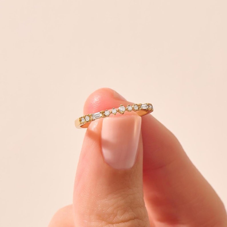 MADELYN MINIMALIST 14k Solid Gold Solid Gold Cubic Zirconia Baguette & Round Stones Stacking Minimalist Ring | Gift for Mom, Wife, Her