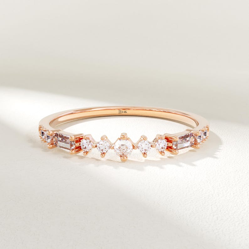 MADELYN MINIMALIST 14k Solid Gold Solid Gold Cubic Zirconia Baguette & Round Stones Stacking Minimalist Ring | Gift for Mom, Wife, Her