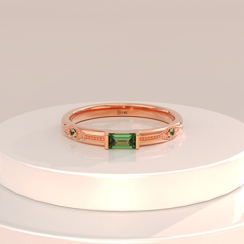 MADELYN MINIMALIST 14k Solid Gold Solid Gold Lab Created Baguette Emerald Green Stone Ring | Gift for Mom, Wife, Her