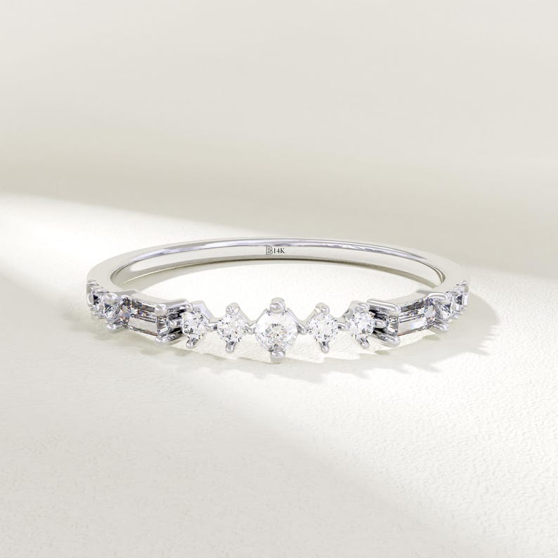 MADELYN MINIMALIST 14k Solid Gold Solid Gold Cubic Zirconia Baguette & Round Stones Stacking Minimalist Ring | Gift for Mom, Wife, Her
