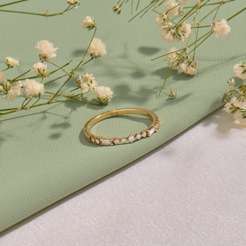 MADELYN MINIMALIST 14k Solid Gold Solid Gold Cubic Zirconia Baguette & Round Stones Stacking Minimalist Ring | Gift for Mom, Wife, Her