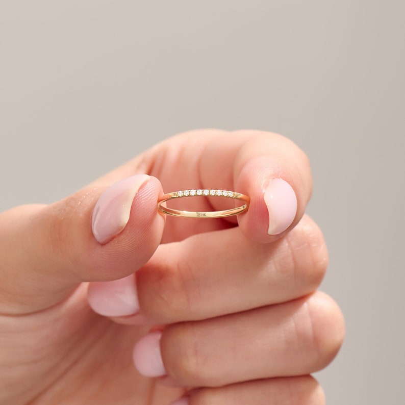 MADELYN MINIMALIST 14k Solid Gold Moissanite Wedding Thin Half Eternity Stacking Ring | Gift for Mom, Wife, Her