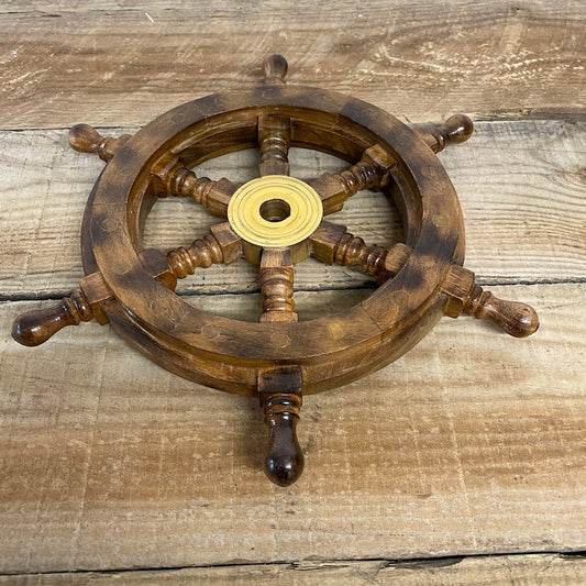 MEDIEVALMART Nautical Brass Decoration Wooden Ship Wheel Antique Vintage Finish - Personal Engraving Marine Wall Decor