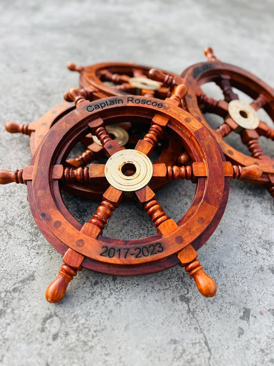 MEDIEVALMART Nautical Brass Decoration Wooden Ship Wheel Brown Finish - Personal Engraving Marine Wall Decor