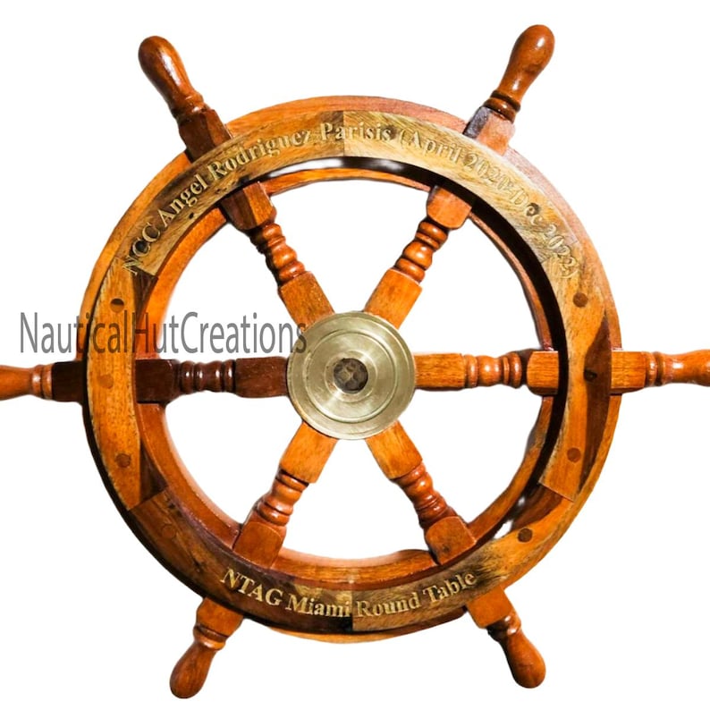 MEDIEVALMART Nautical Brass Decoration Wooden Ship Wheel Brown Finish - Personal Engraving Marine Wall Decor