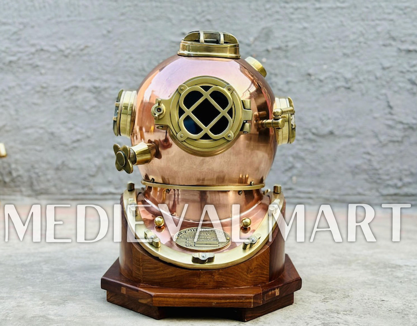MEDIEVALMART Nautical Rose Gold Finish Diving Helmet With Wooden Base
