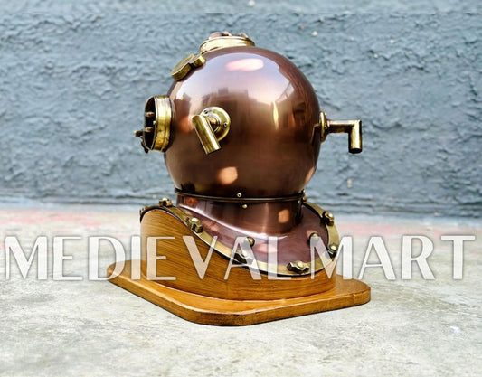 MEDIEVALMART Nautical Brown Finish Diving Helmet With Wooden Base