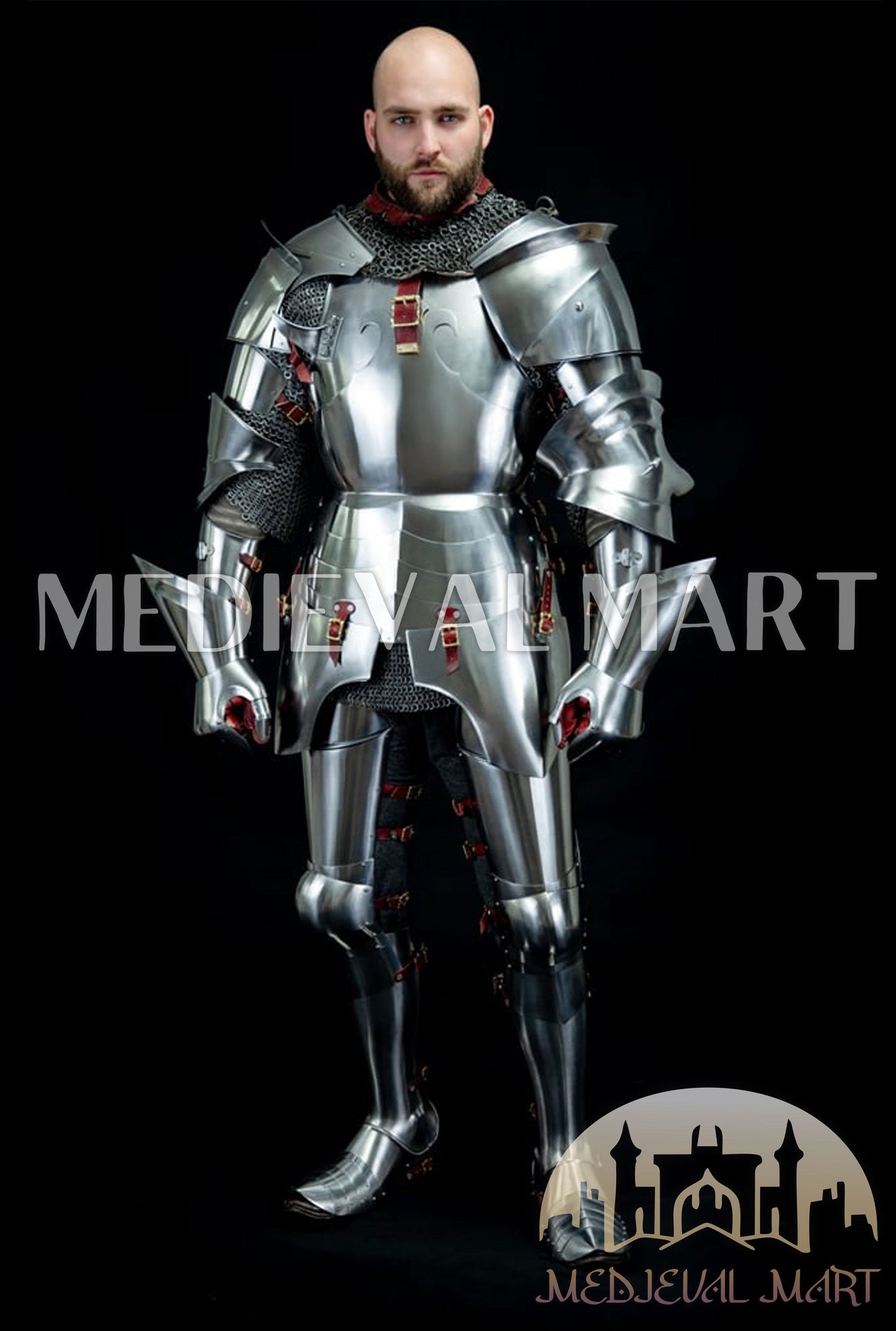 MEDIEVALMART 14th-Cen European English Hardend Steel Plate Armor Buff Polish W/H Houndskull Closed Bascinet