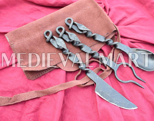 MEDIEVALMART Hand Forged Medieval Cutlery Set With Suede Leather Pouch