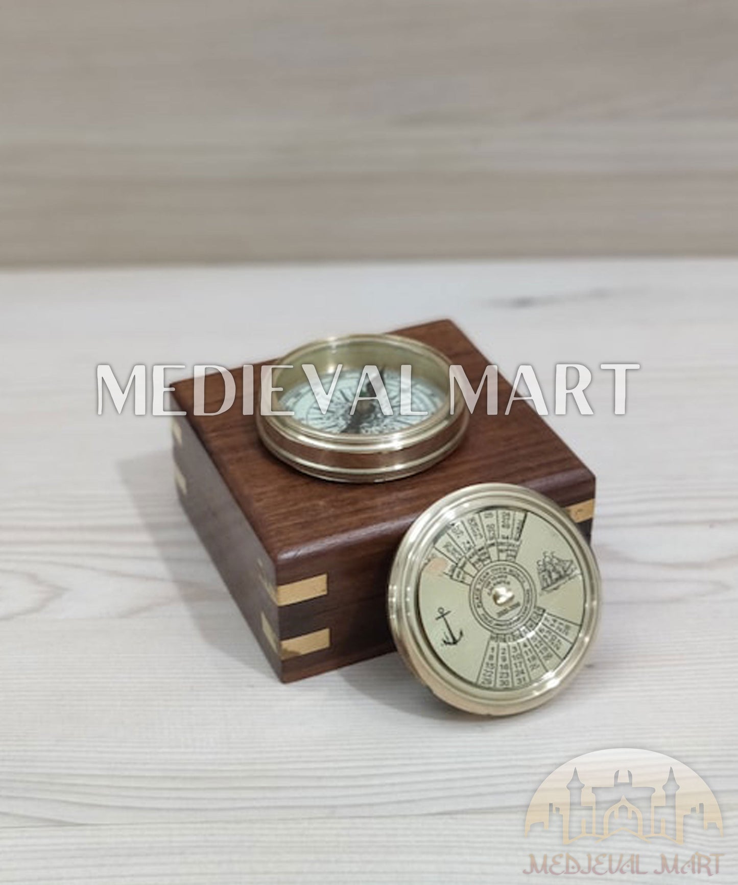MEDIEVALMART Adventure 100 Years Colander Engrave Pure Brass Finish Compass W/H Gen-1 Wooden Case| Gift For Him