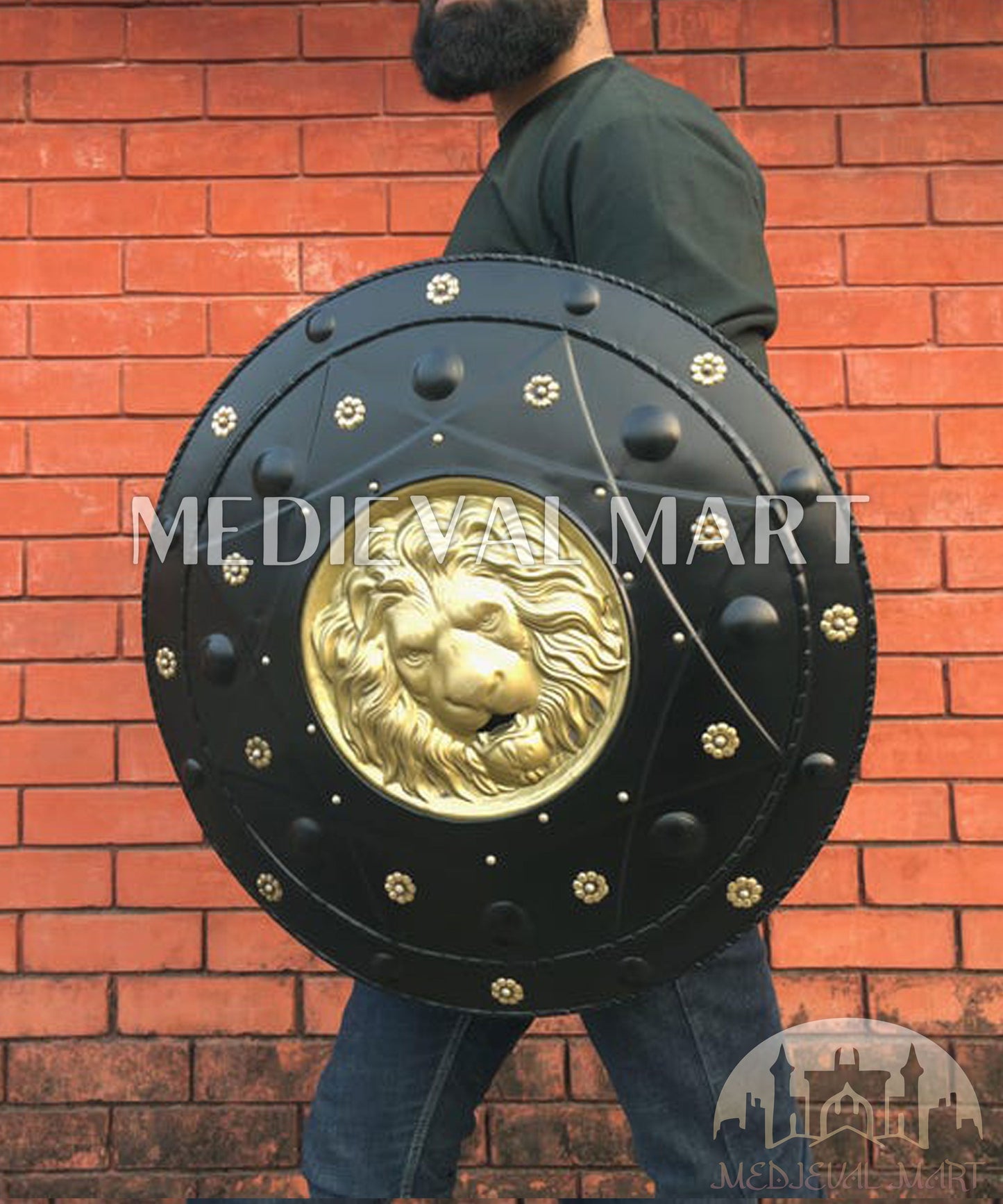 MEDIEVALMART Medieval Lion Face Spartan Shield W/H Black Finish | Gift For Dad