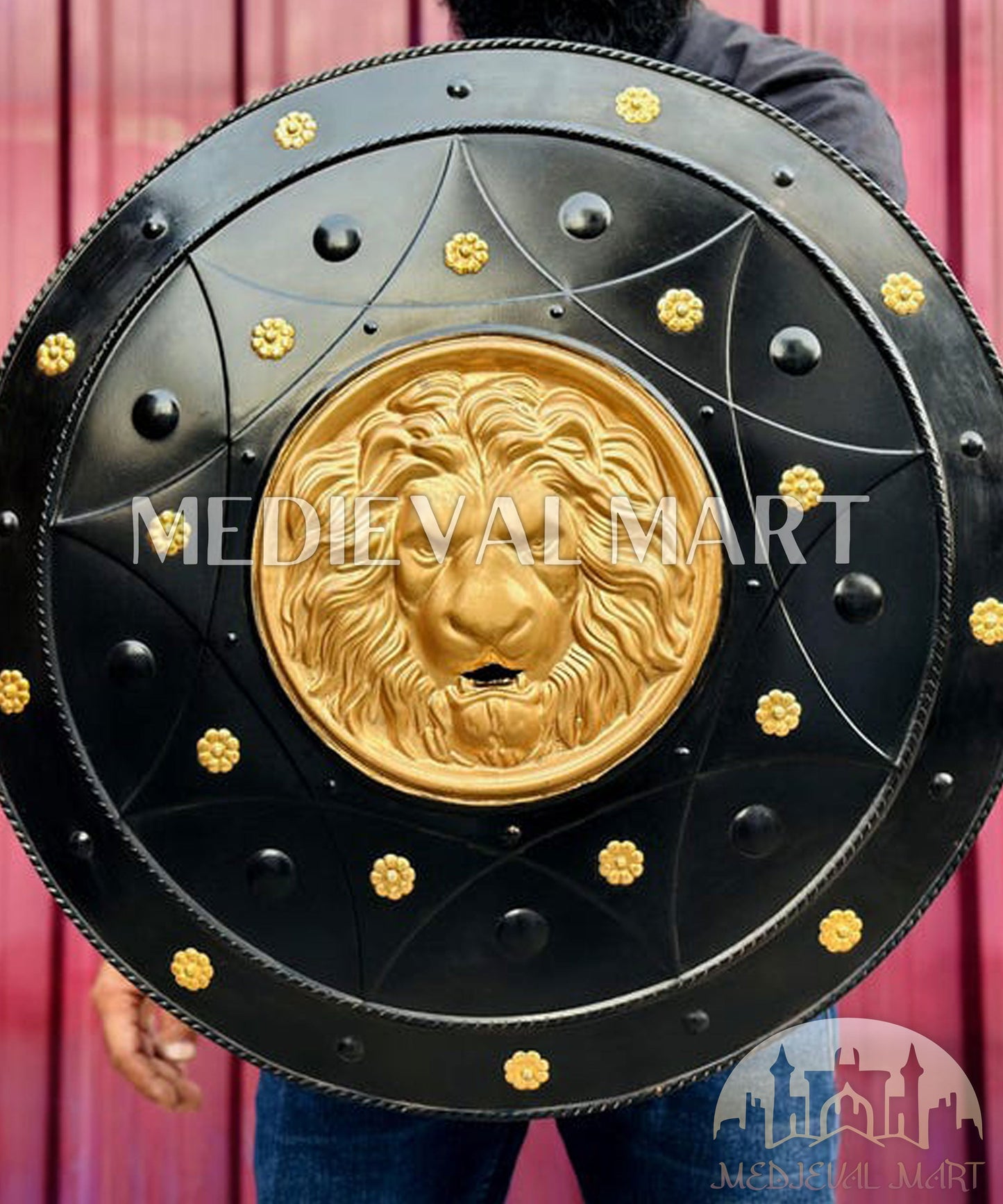 MEDIEVALMART Medieval Spartan Exclusive Gold Lion Face Shield W/H Black Finish | Gift for Dad