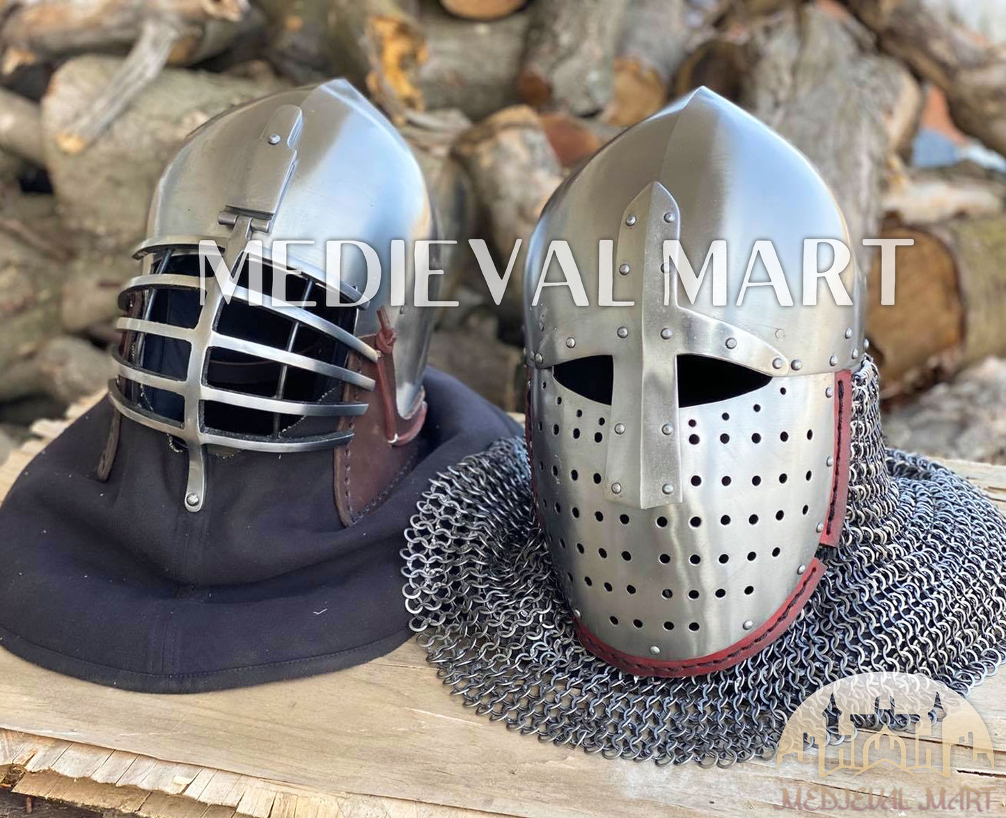 MEDIEVALMART 14th-Century Limited Collection "Wolf Ribs" & "Norman" Bacinet Helmet