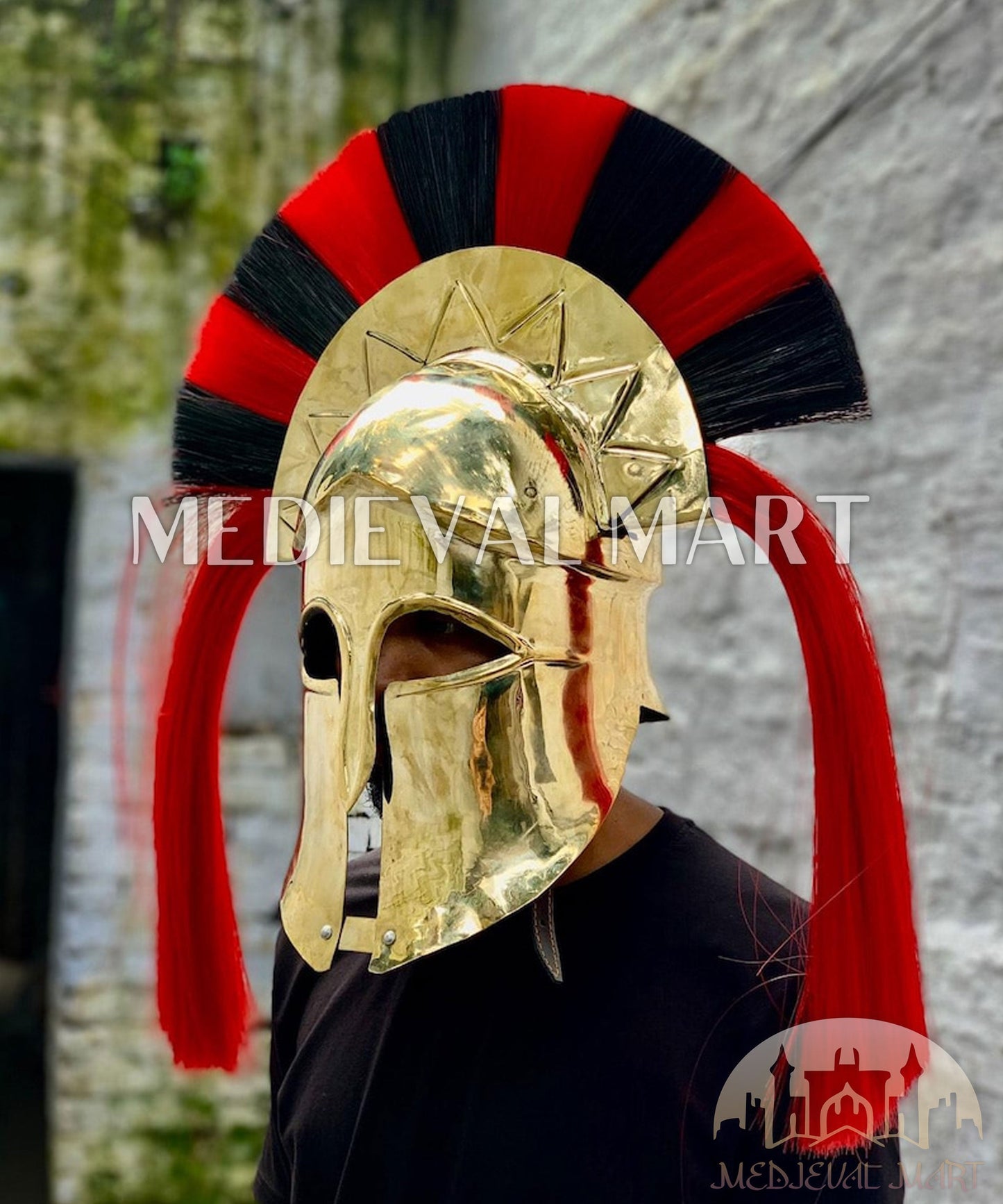 MEDIEVALMART "7th Cen BCE" Greek Corinthian Gold Finish Full Size Royal Helmet W/H Plume or Free Stand | Greek Props