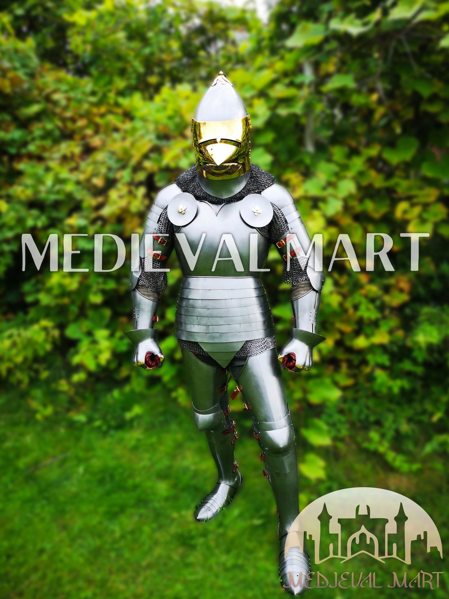 MEDIEVALMART 15th-Century English knight Warrior Gothic Plate Armor Costume W/H Gold Face Hounskull Helmet