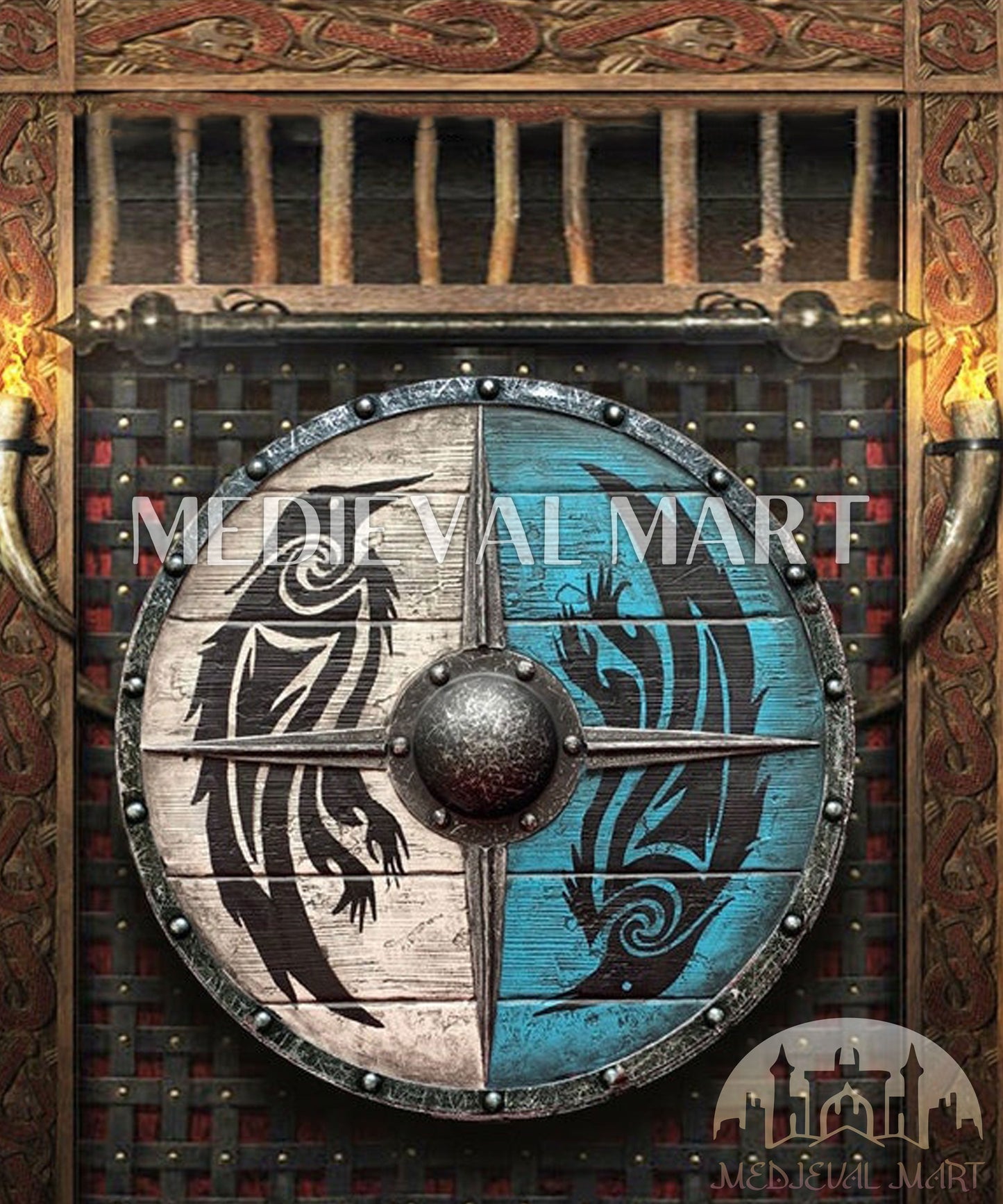 MEDIEVALMART Viking's Gray Ouroboros Iron Spikes Battleworn Viking Wooden Shield | Gifts For Dad