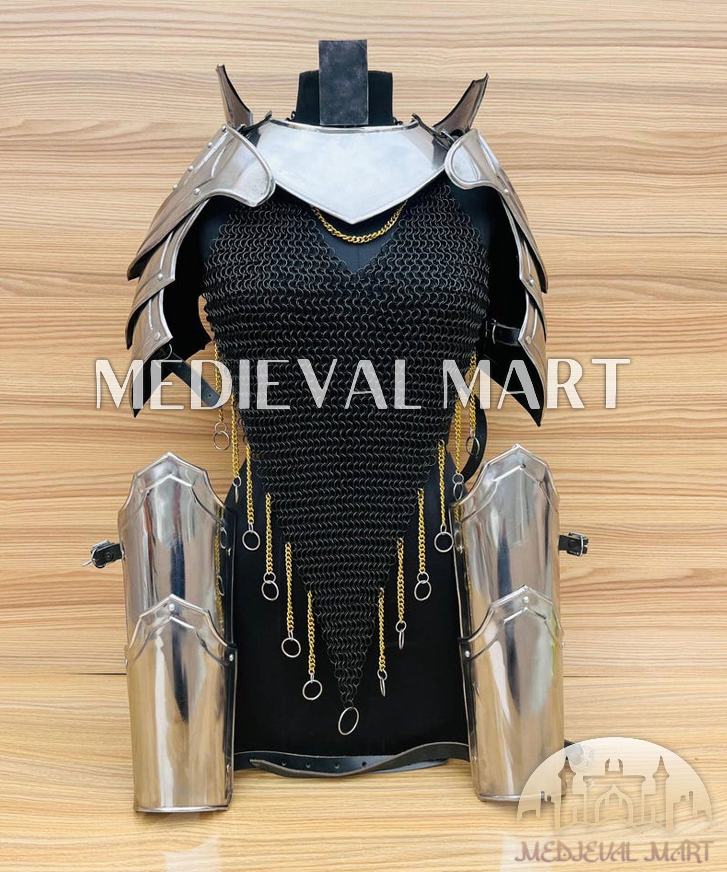 MEDIEVALMART (Isolara Dragonplate) Women’s Armor W/H Black (DragonFang) Chainmail + Arms Armor