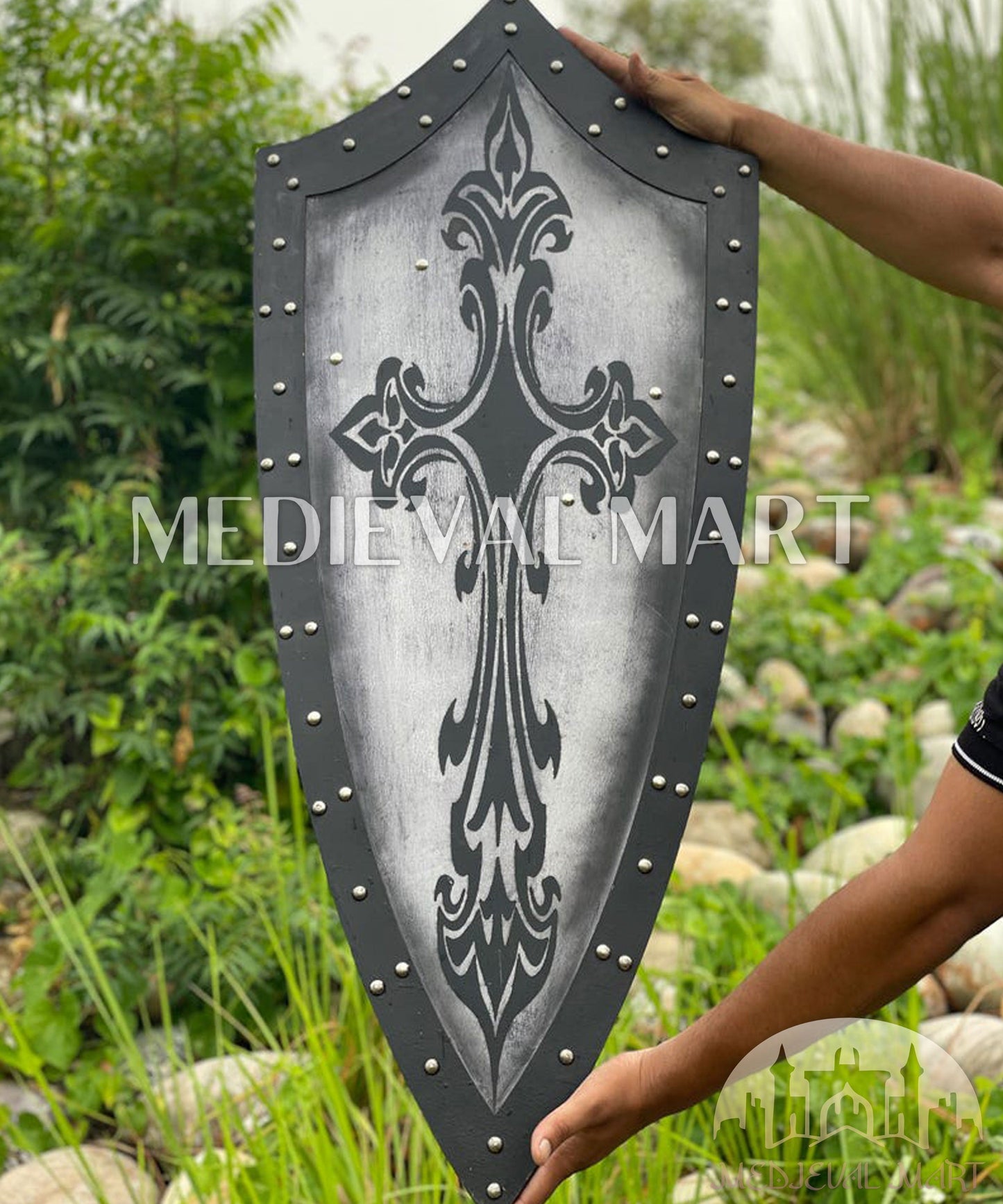 MEDIEVALMART Medieval Templar Spanian Cross Inspired Wooden Shield Black & Siver Finish | Gift for Christmas Day
