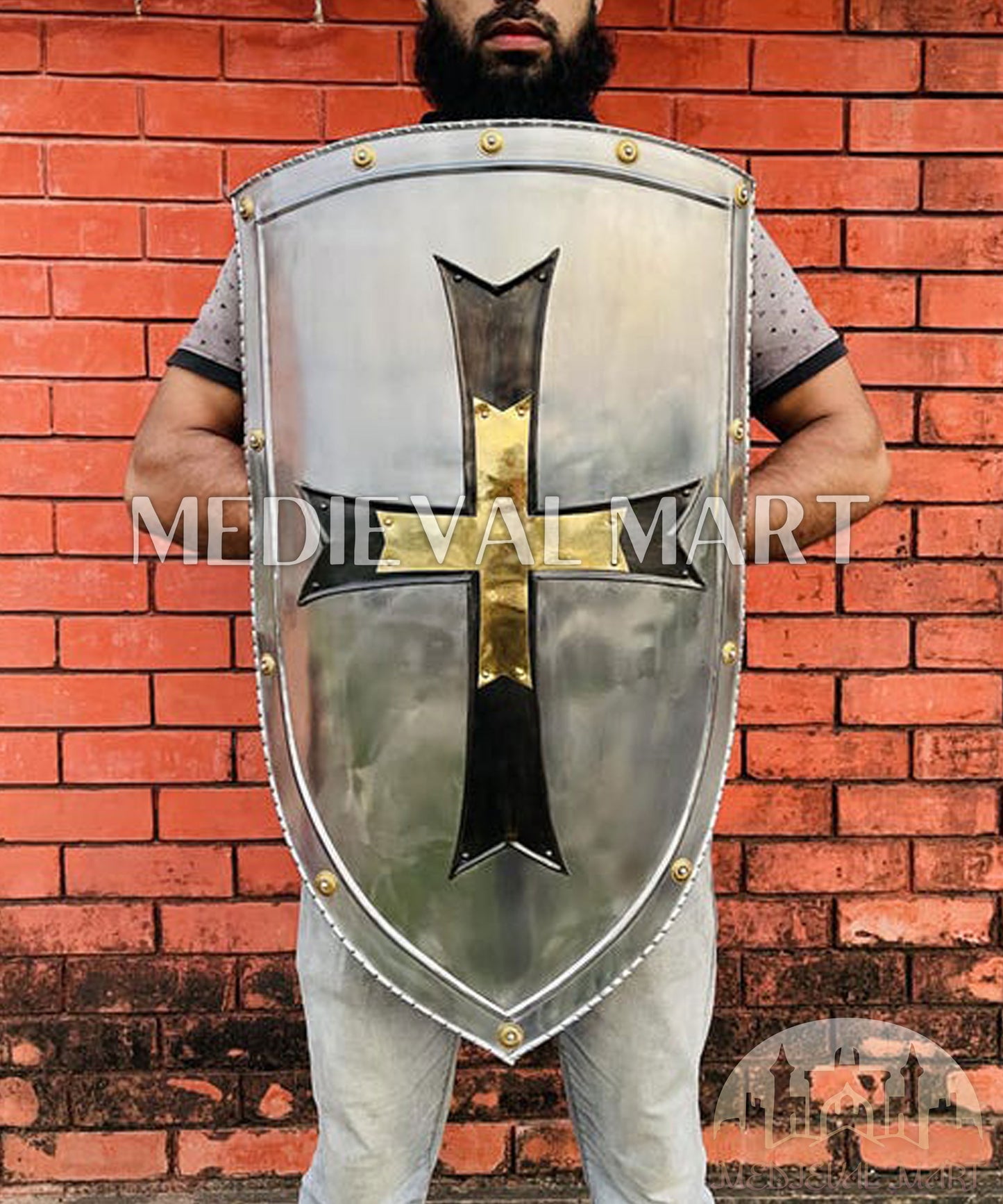 MEDIEVALMART Medieval Crusader Knight Templar Shield W/H Brass & Black Cross | Gift for Dad