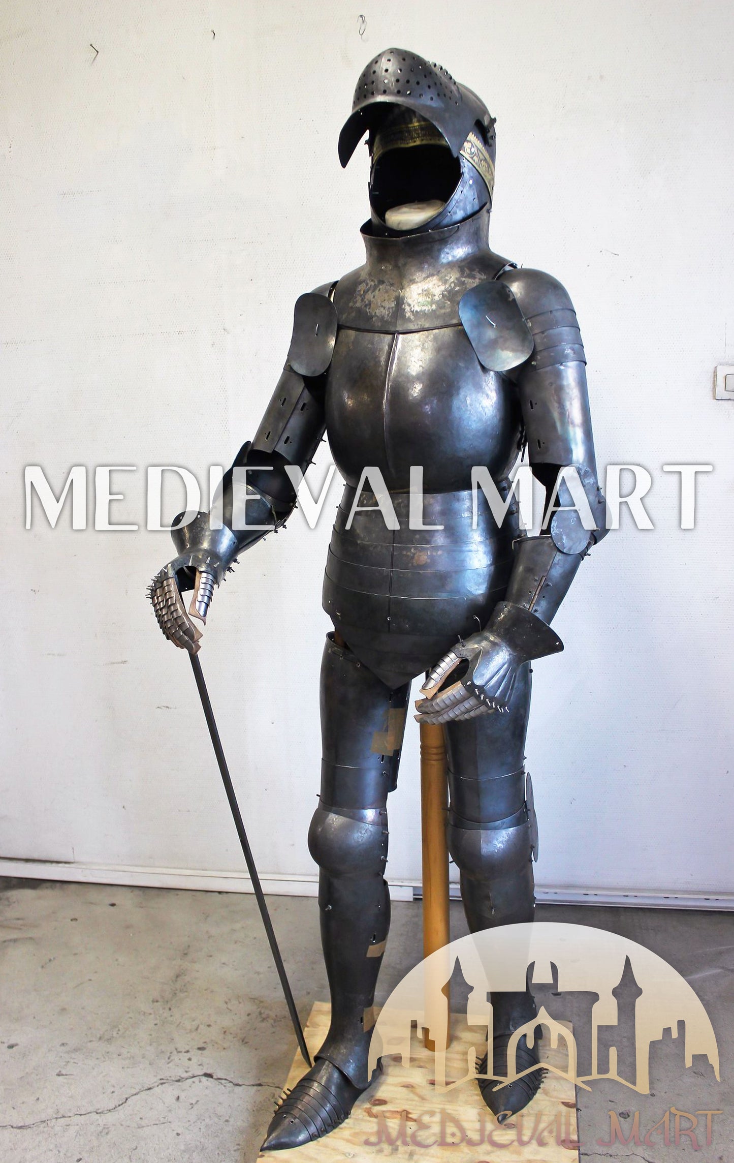 MEDIEVALMART German Medieval Full Body Black Armor Costume W/H “Eisenkopf” Bacinet Helmet