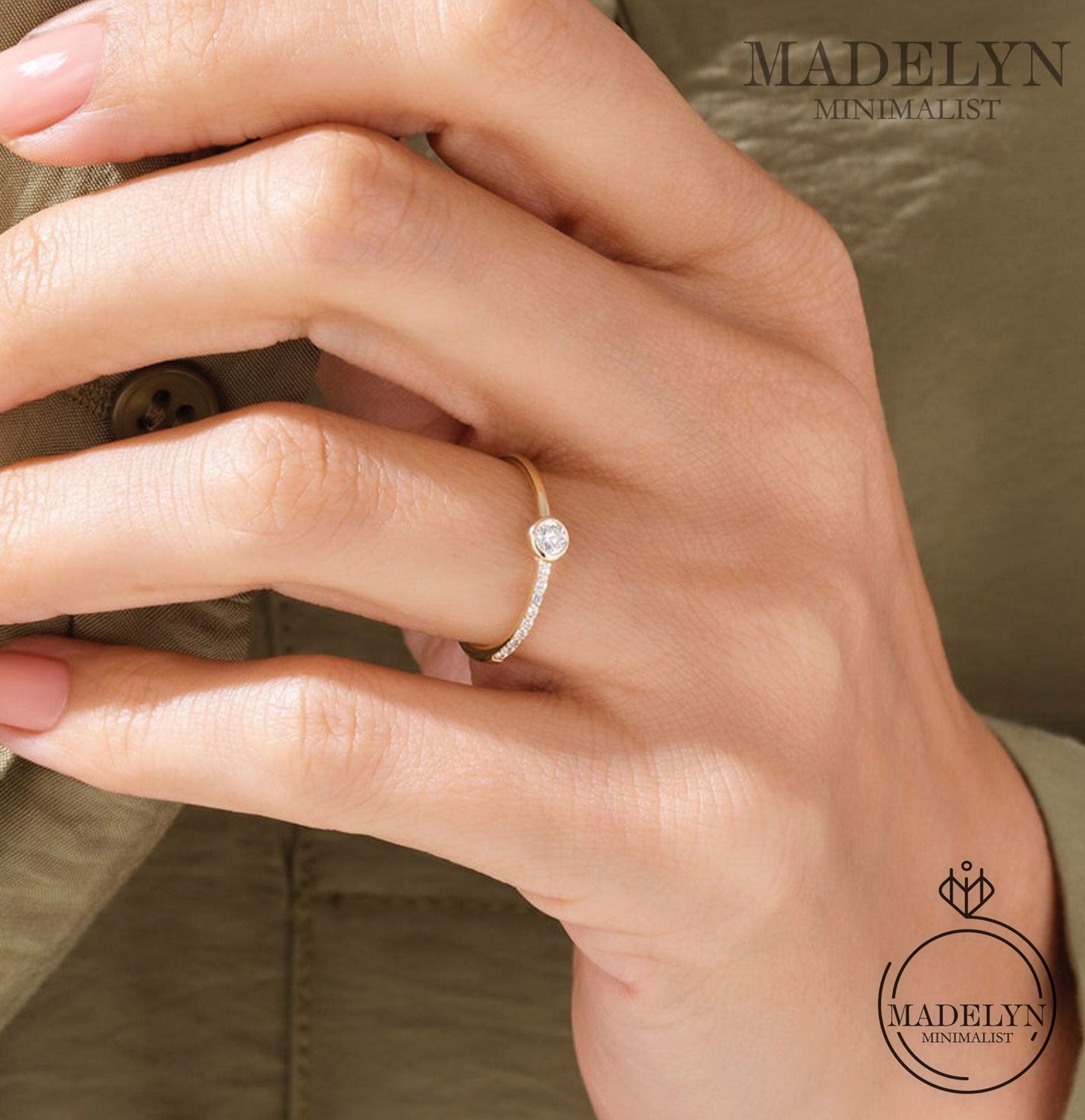 MADELYN MINIMALIST 14k Solid Gold Bezel Diamond Tiny Solitaire Promise Ring for Women | Her Birthday Gift