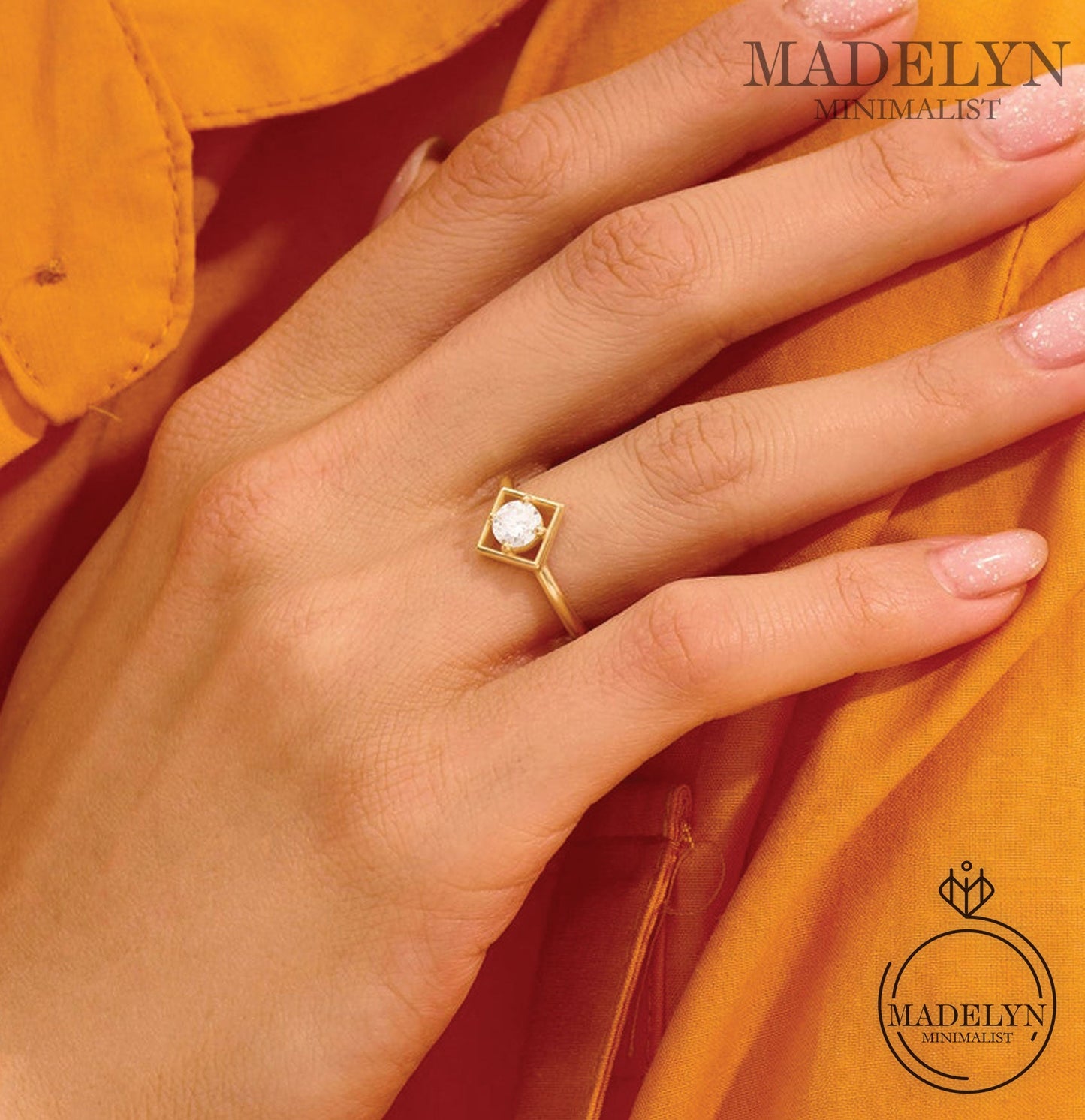 MADELYN MINIMALIST 14k Solid Gold Round Diamond Cz Ring, Dainty Square Shape Band Ideal for Everyday Wear | Gift for Her, Mom