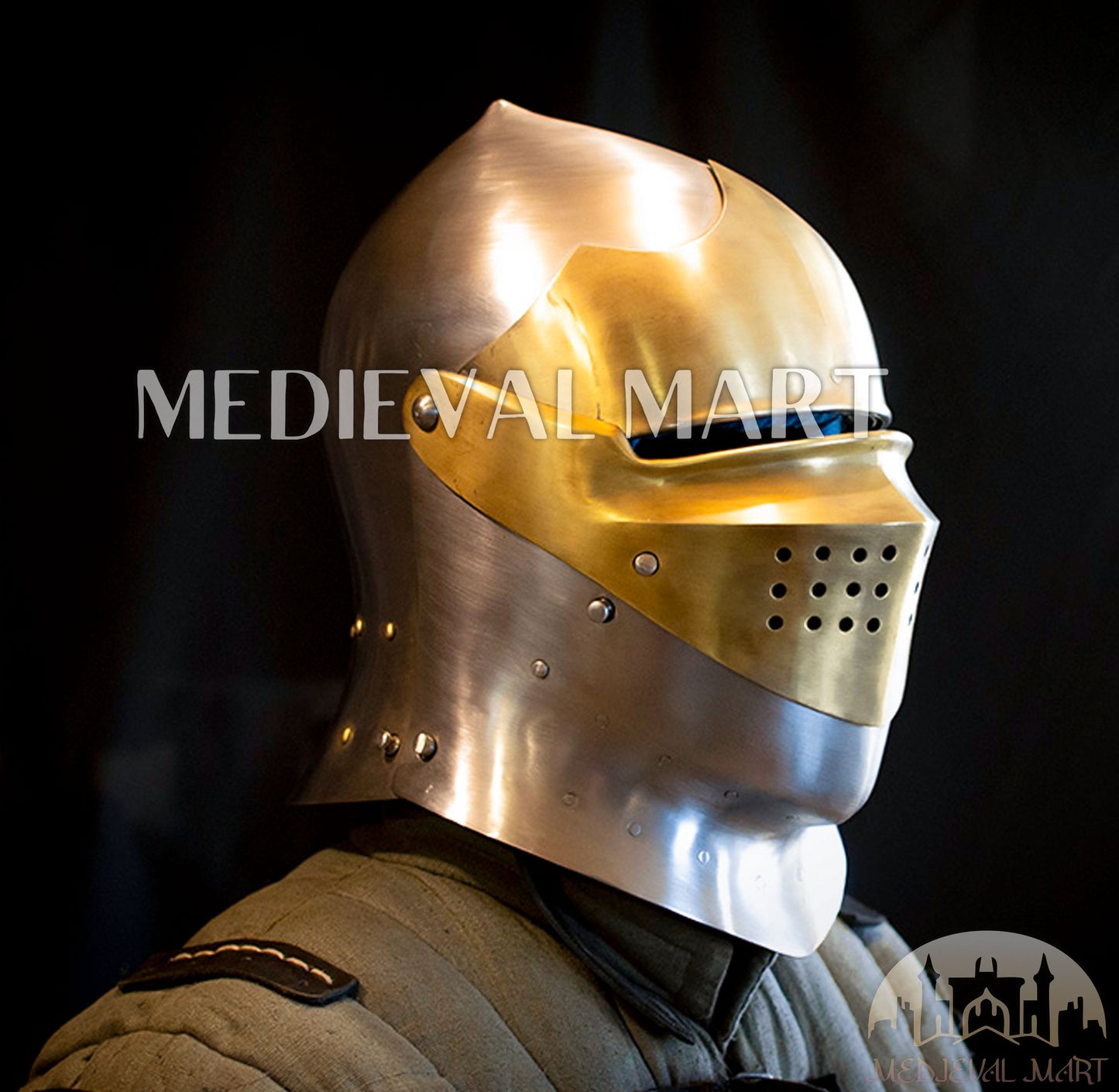 MEDIEVALMART Medieval European knight Closed Griffon Helmet W/H Brass Face Mask