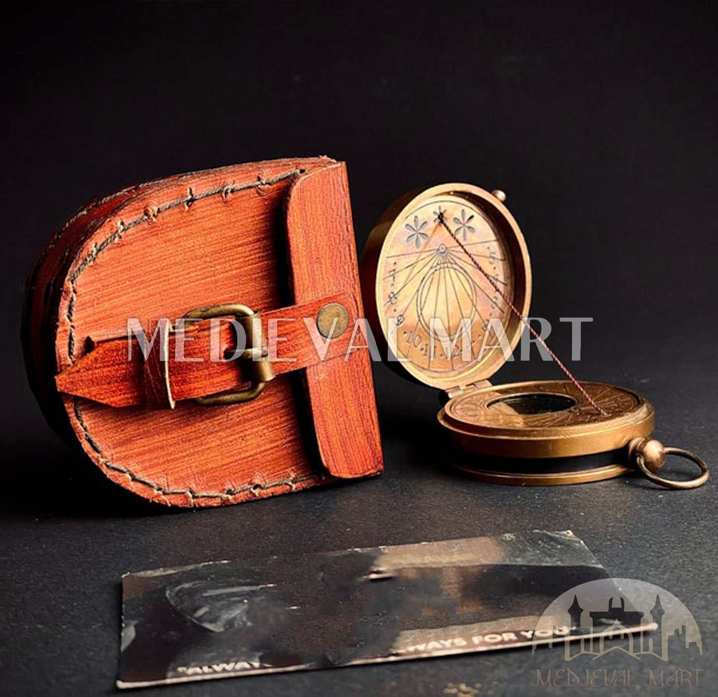 MEDIEVALMART Nautical Brass Engrave Sun Clock Texture Compass Gold Finish W/H Leather Case | Gift For Dad & Son