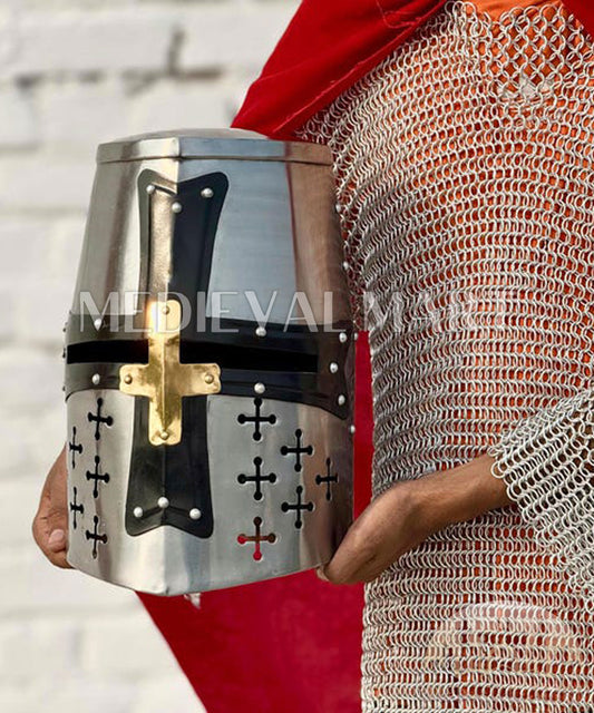 MEDIEVALMART Medieval Great Templar Crusader Knight Helmet W/H Black & Brass Deco for LARP or Cosplay - Gift For Dad