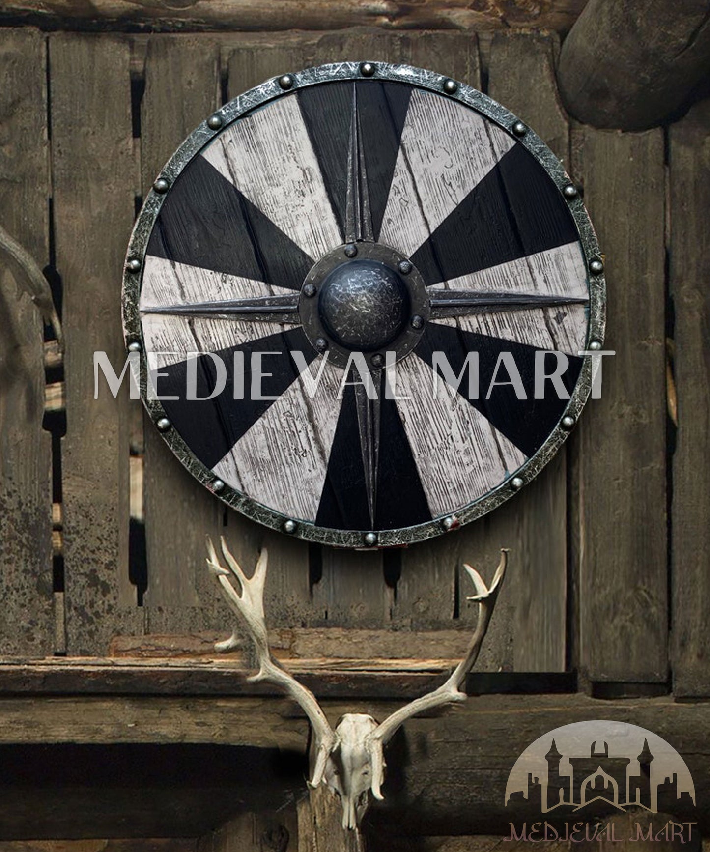 MEDIEVALMART Iconic Viking's Valhalla Black/gray Ivar the Boneless Iron Spikes Battle’s Viking Wooden Shield | Gifts For Dad