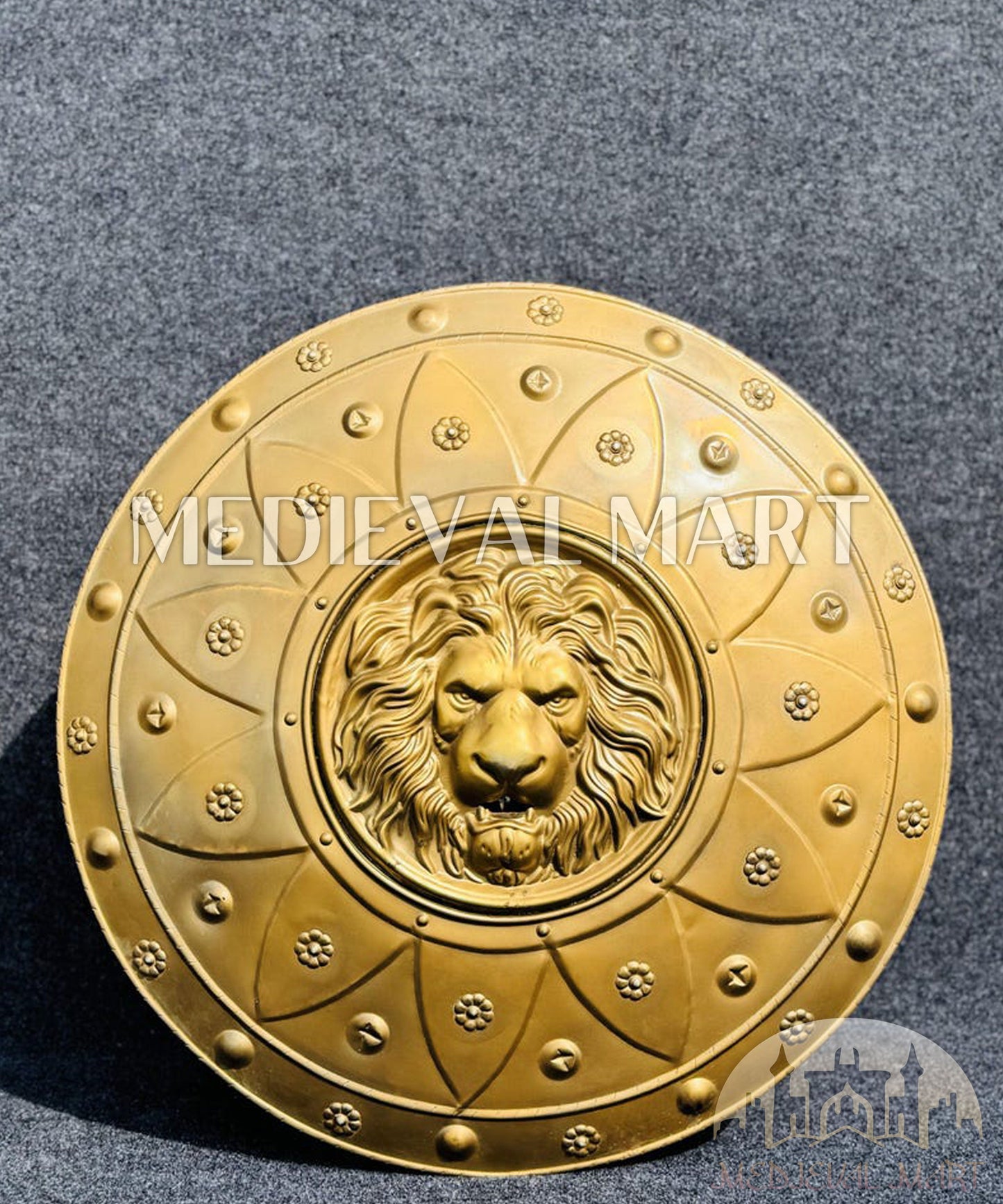 MEDIEVALMART Medieval Lion Face Sparta Shield Full Gold Finish | Gift for Halloween Day