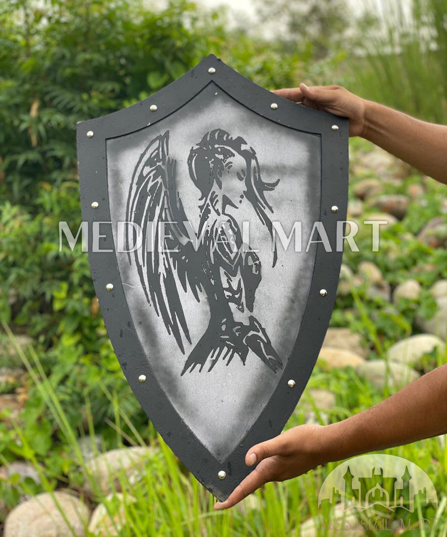 MEDIEVALMART Medieval Templar Devil Angel Inspired Wooden Shield Black & Siver Finish | Gift for Christmas Day