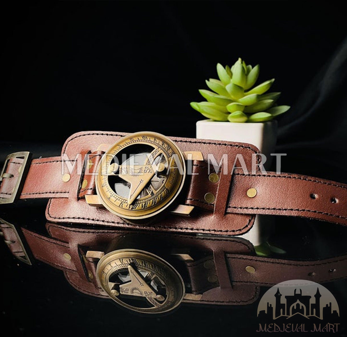 MEDIEVALMART Nautical Custom Engraved Sun Clock Compass Hand Watch Gold Finish W/H Leather Strap | Gift For Him