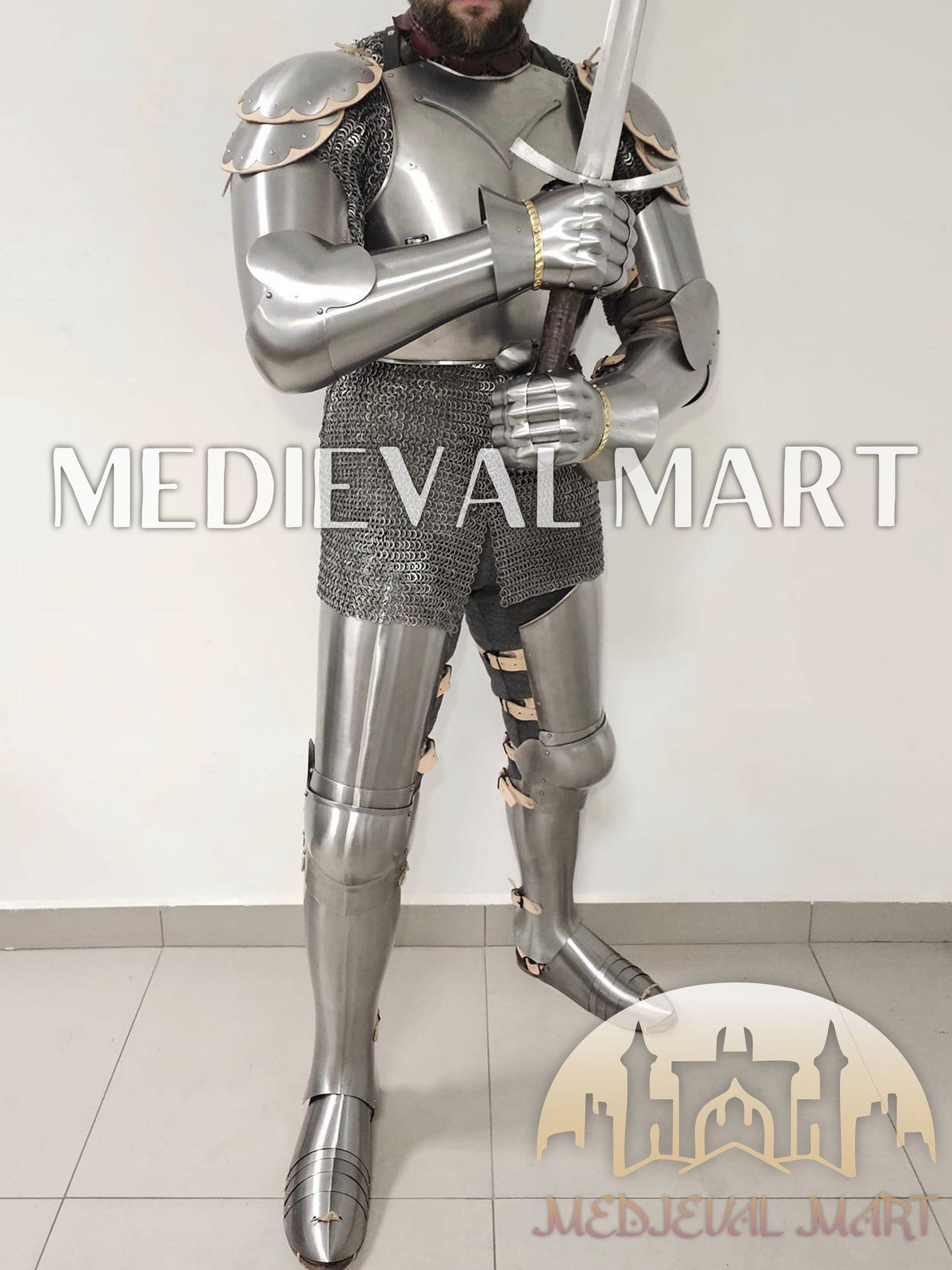 MEDIEVALMART 14th-Century Authentic Combat Full Plate Armor W/H Sword & Chainmail Inner